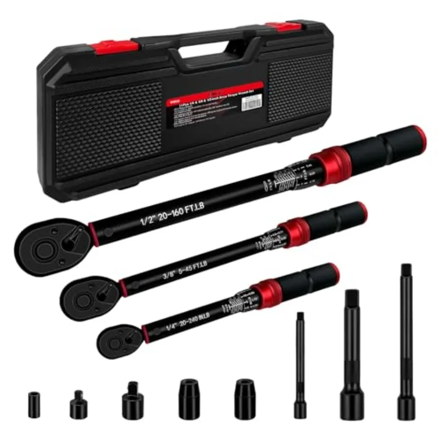 

11Pcs Torque Wrench Set '' '' 1/2'' Drive Click Torque Wrench with Extension Bars and Adapters Dual-Direction Adjustable Revers