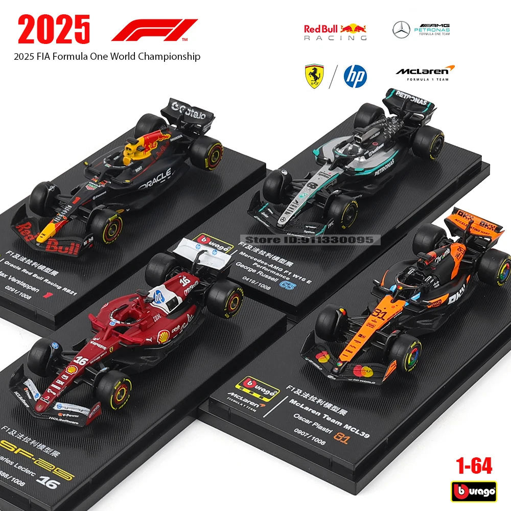 bburago-1-64-2025-f1-mcl39-81-oscar-piastri-w16-63-george-russell-rb21-1-brinquedo-modelo-de-carro-de-liga-verstappen-sf25-com-acrilico