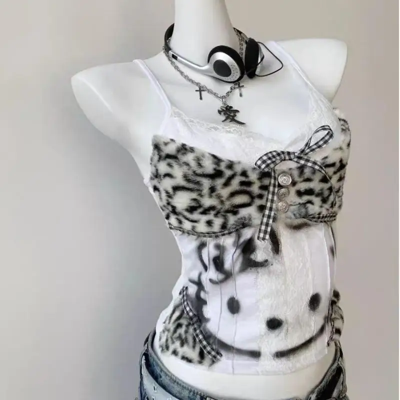 سانريو مرحبا كيتي المرأة خمر Y2K الرسن تانك القمم مثير الشارع الشهير ثقافة فرعية ليوبارد المرقعة Kawaii سترة المرأة الدانتيل #4