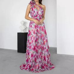 Spring Summer Asymmetric Chiffon Dress Sexy Women's Off Shoulder Floral Print Dress 2024 Fashion Hollow Sleeveless Evening Dress