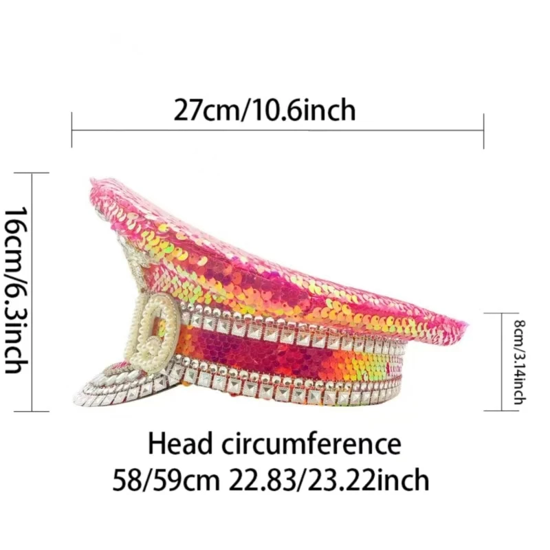 HongLuan Yellow Laser Leather Loop Captain Hat Rhinestone & Military Caps for Woman, Rave Festivals Accessories ＆ Party Cap Man