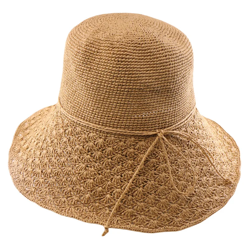 2025 New Spring/summer Sun Protection Fisherman Hat, Fine Crochet Paper Straw Hat With Wide Brim, Foldable For Women's Outings