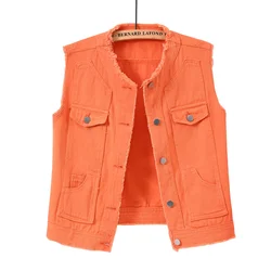 Autumn Women Denim Vests Sleeveless Waistcoat Students Casual Sleeveless Tops Jeans Jackets Pink Yellow White Orange Green 5XL