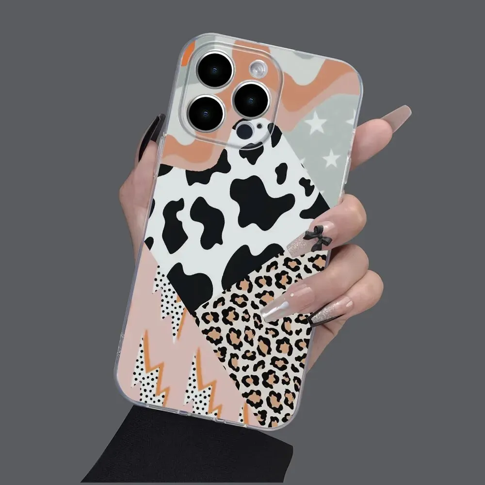 2024 New Luxury Fashion Transparent Space Protective Case Bare Metal Feel Milk Leopard Print for IPhone15/14/13/12/11/7 Plus Pro