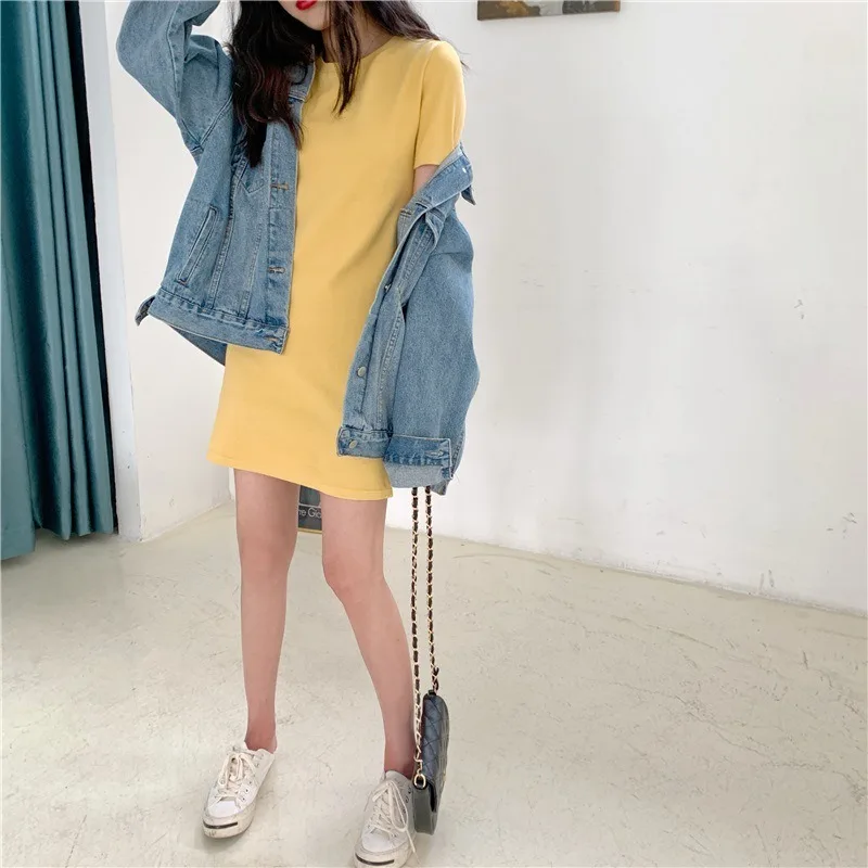 Women Slim-Fit Regular Shoulder T-Shirt Mid-Length Dress Summer Autumn Girls Student Solid Short Sleeve Mid-Length Dress Clothes