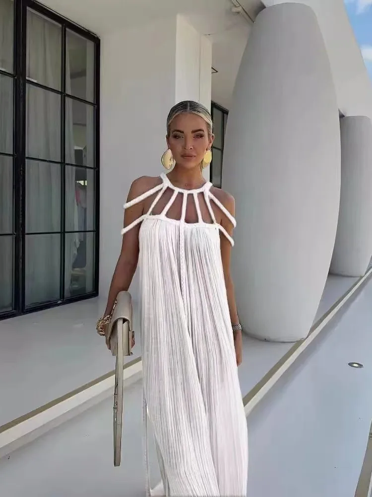 

Summer Sleeveless Party Dress, Women Loungewear O-Neck Hollow Out Party Dress, Solid Color Patchwork Beach Style Ladies Dress