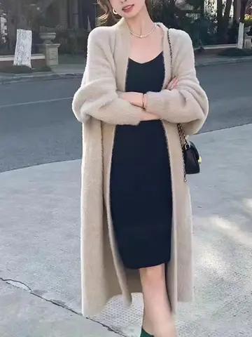 Höst/vinter Lazy Style Varm Knälång Förtjockad Damkofta Ren Imitation Mink Fleece Stickad Tröja Dam Varm Kappa 8 best sales fluffig kofta - №3