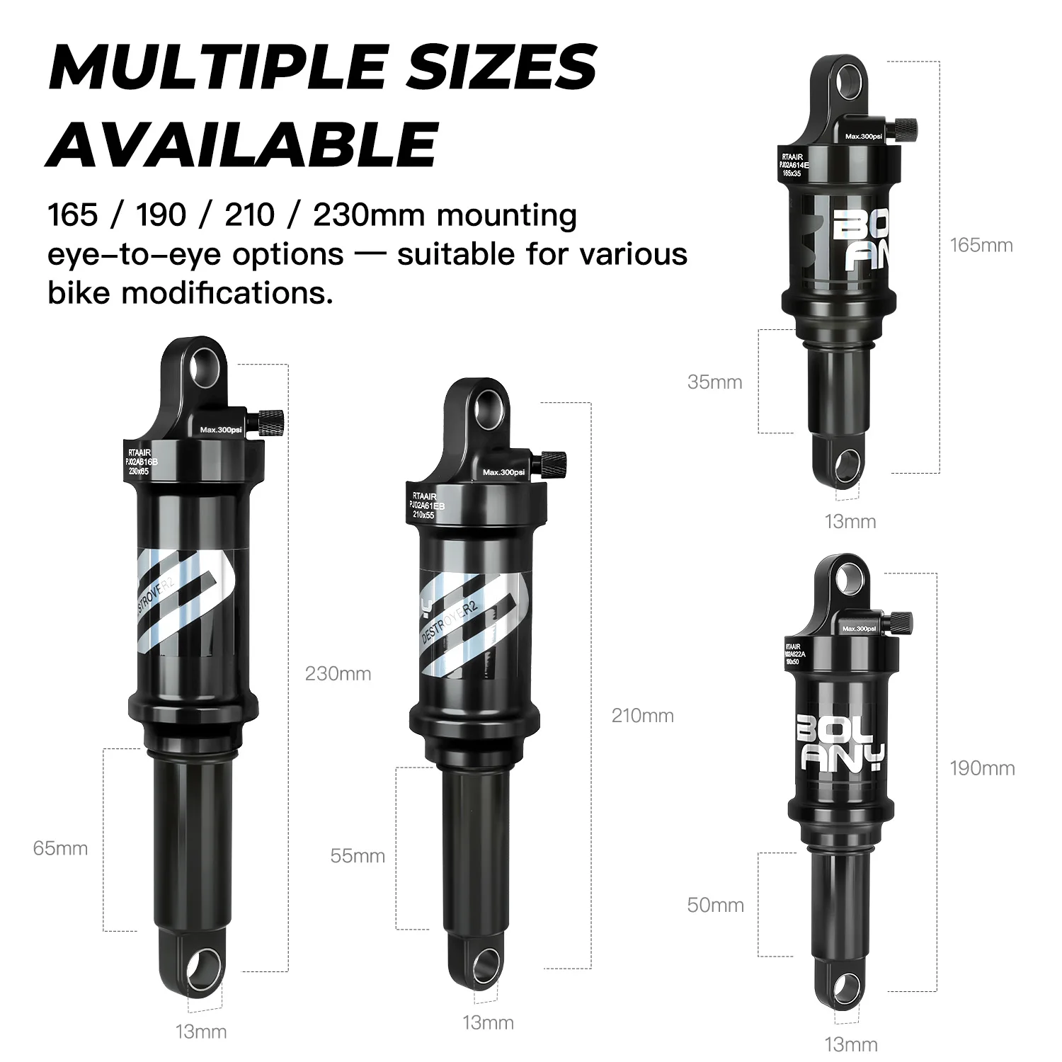 BOLANY MTB Rear Shock Full-suspension Mountain Bike Shock Absorber 165/190/210MM Lightweighting Rear Suspension Bicycle Parts