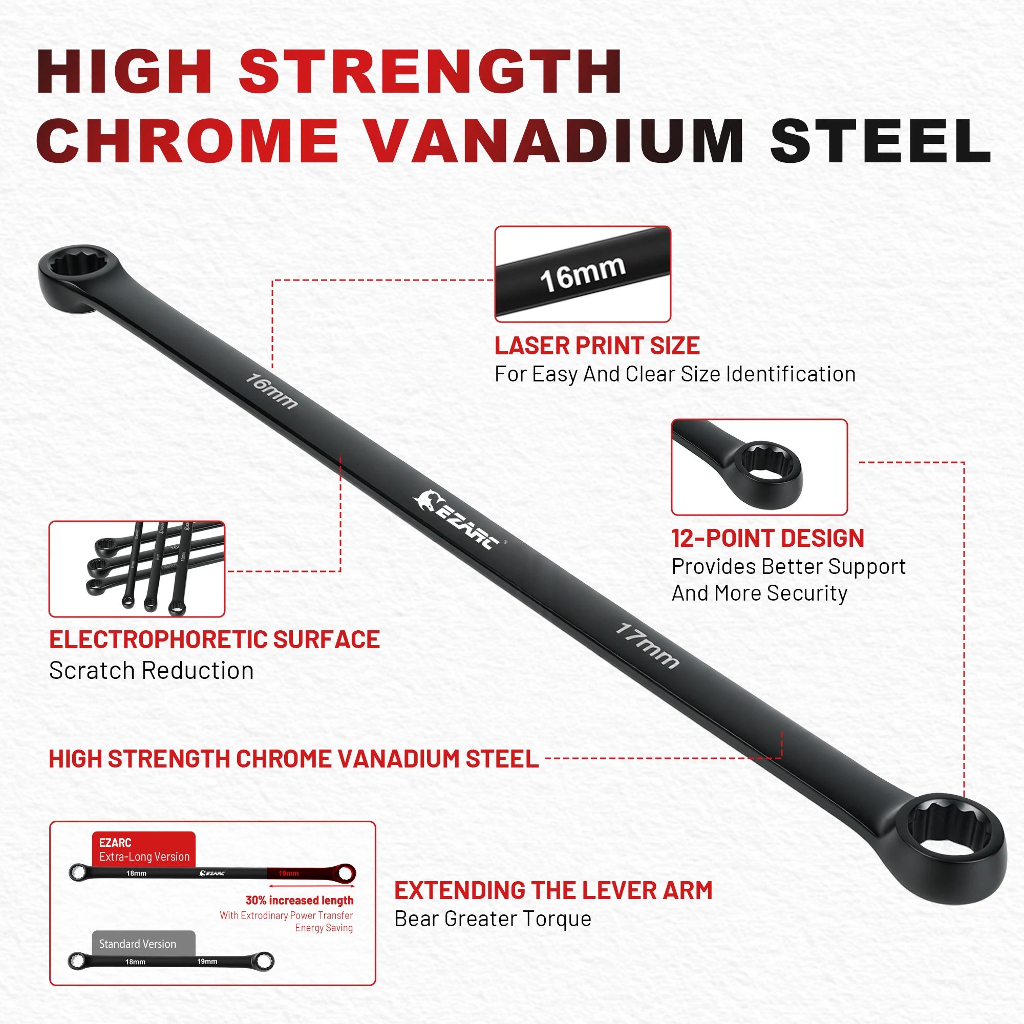 EZARC 6pcs Extra Long Wrench Set Metric 8-19 mm Aviation Spanner Cr-V Steel and Black Electrophoretic Coating