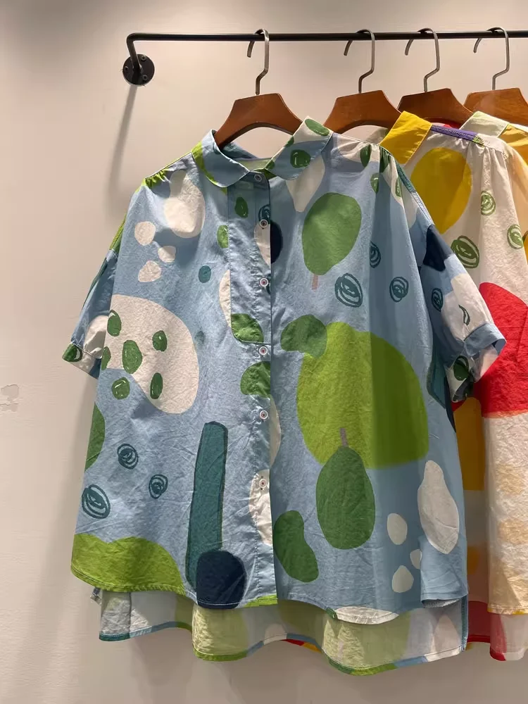 Women\'s beach shirt 100% cotton harajuku fashion blue yellow green cartoon geometric print oversized shirts large size tops