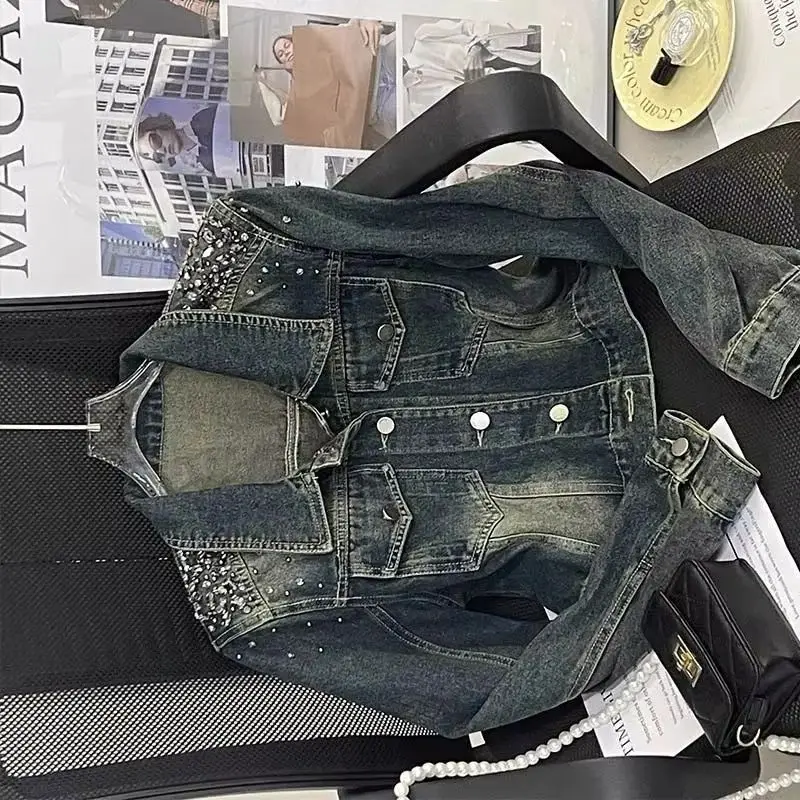 

Short Denim Jacket Single-breasted Beaded Rhinestones Age-reducing Denim Jacket for Womens Early Autumn High-grade Design Jacket