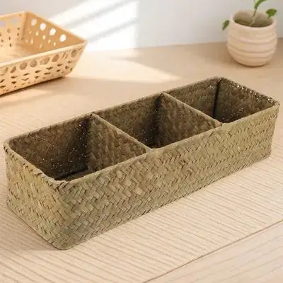 

1pc 3 Compartments Home Storage Box Sea Grass Woven Desktop Organizer Compact Lightweight Multi Purpose Stationery Sundries