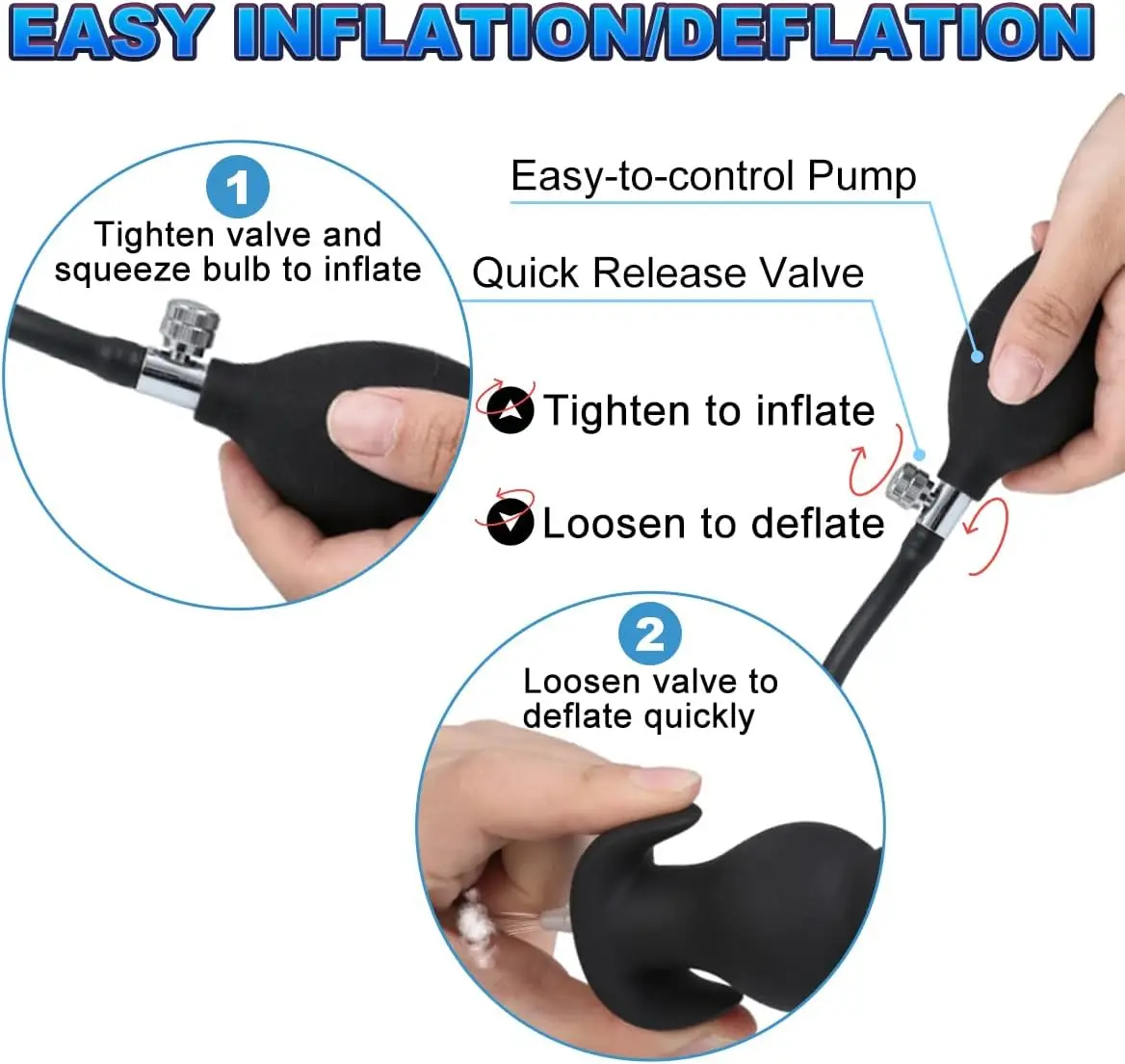 سدادة مؤخرة قابلة للنفخ، قطر قابل للتعديل 1.18 بوصة إلى 3.15 بوصة، قابس شرجي قابل للنفخ مع صمام تحرير سريع