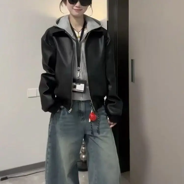 

American Sle Dopane Bla Retro Motorcycle Leather Jaet Spring Autumn New Small Size Trendy Versatile Leather Jaet