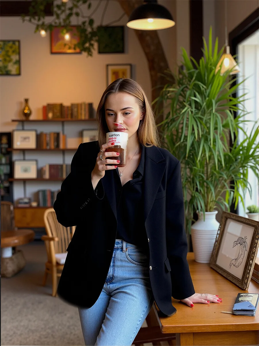 

Women'S Modern Blazers Black White Turn-Down Collar Occupation Autum Pear Material Check Fem Ladies Thiened Pant Petite Placket