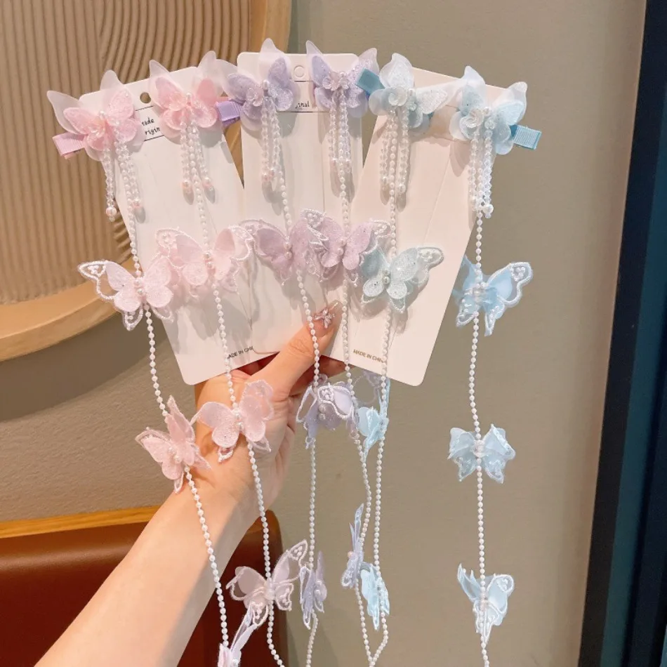 Children Pearl Tassrl Butterfly Ribbon Hairpins Kids Wings Hair Accessories Girl Ponytail Braided Hair Chain Baby Hair Clip ZX07