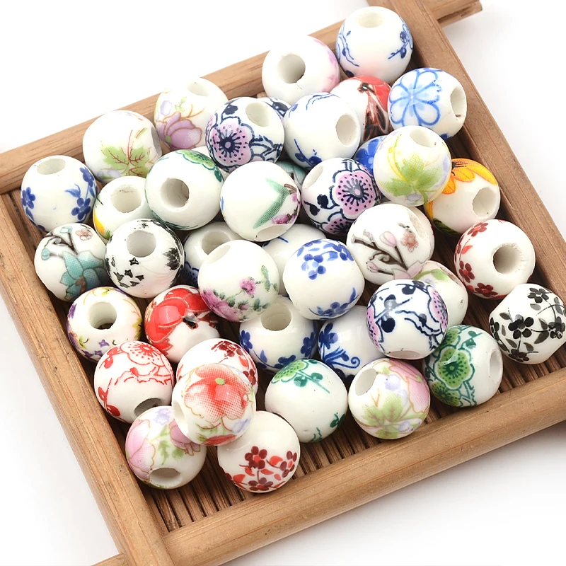 20Pcs 10mm Chinese Printing Flower Big Hole Beads Ceramic Beads Porcelain Loose Beads for Bracelets Pendants Jewelry Making DIY