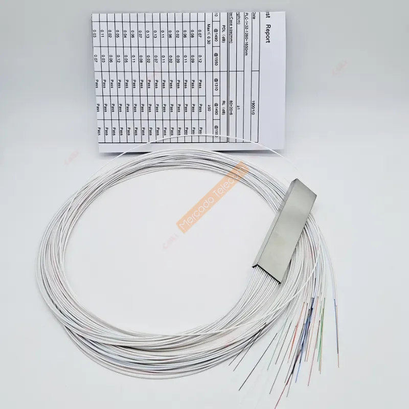 

50pcs/lot 1x2 1x4 1x8 1x16 Fiber Optic PLC splitter without connector cable 0.9mm Mini Blockless 2,4 Ports Fiber PLC Splitter