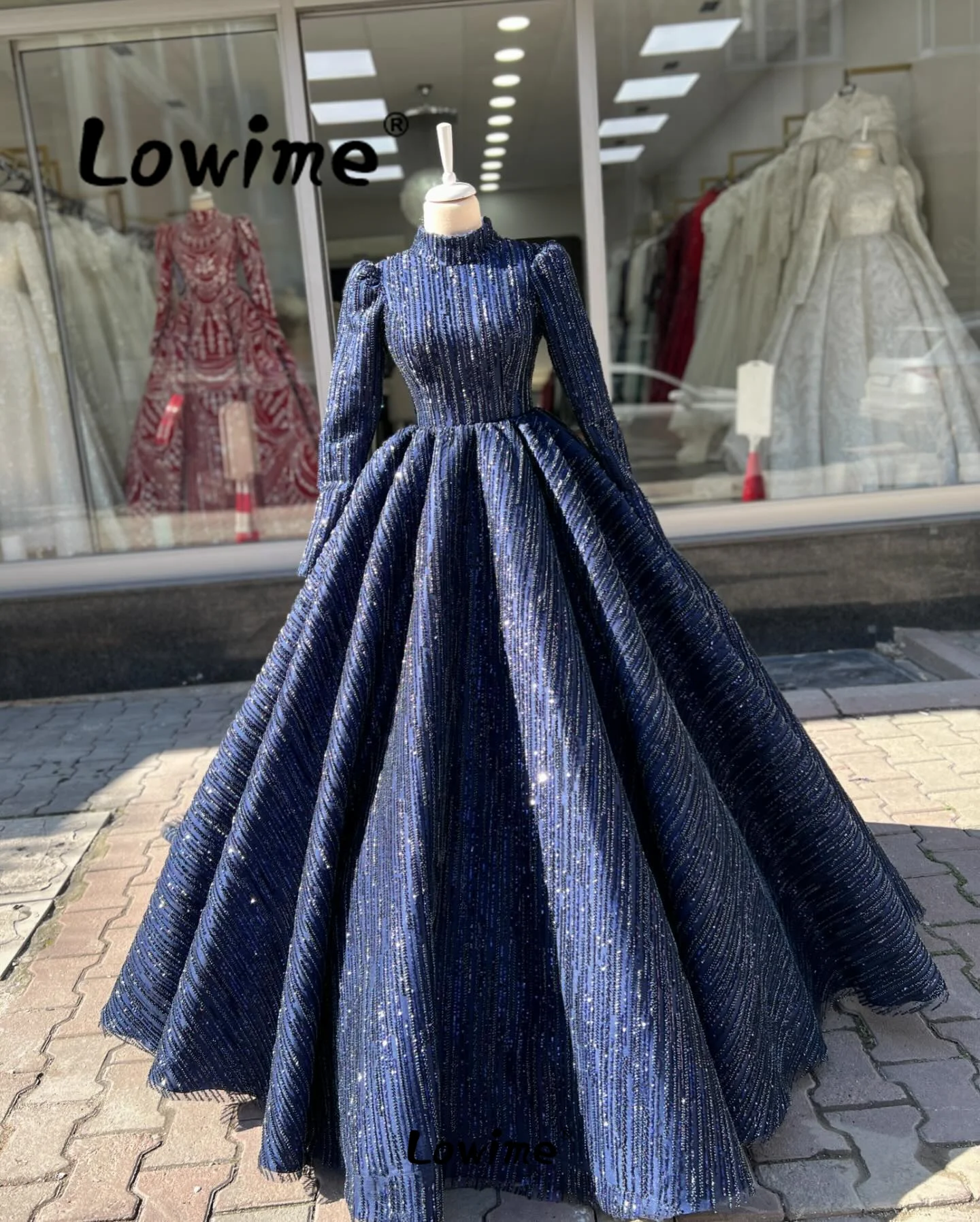 

Muslim Middle East Women Formal Evening Dress Long Sleeves Full Beaded Crystals A Line Wedding Party Dress Navy Blue Prom Gowns