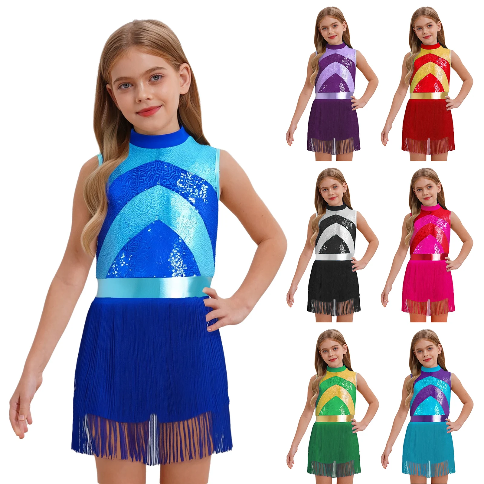 

Girls Sequin Latin Dance Dress Sleeveless Tassels Fringed Bodysuit Skating Jazz Gymnastics Ballet Dance Leotard Tango Costumes