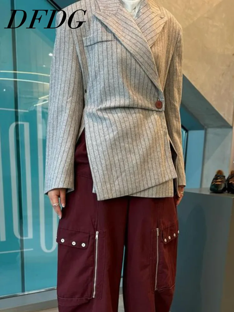 

DFDG Women Spring And Autumn Pure Gray Striped Design Sense Splicing Irregular Suit Jacket Slim Waist Jacket Lapel Single Buckle