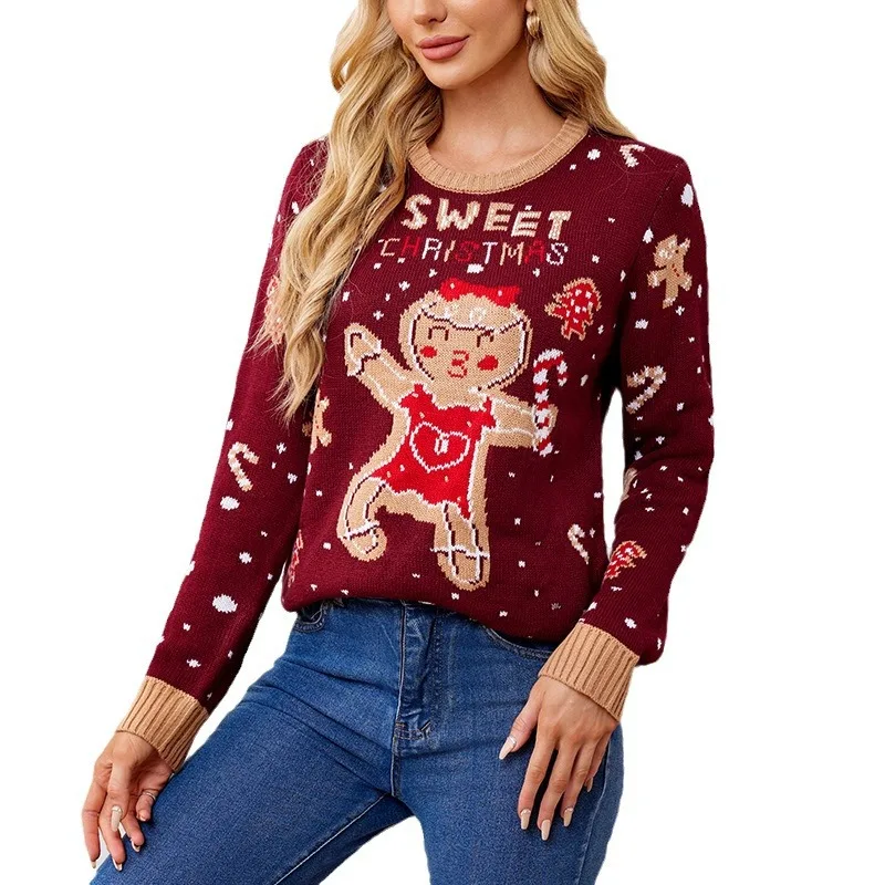 Casual Christmas Sweater Cute Sweet Gingerbread Man Pattern Loose Fitting Pullovers Autumn Winter Versatile Daily Holiday Wear