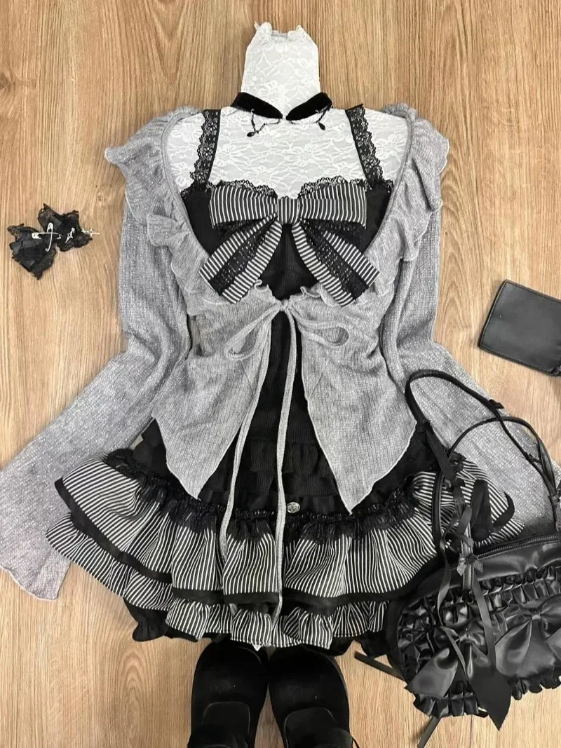 Sweet Lolita Early Autumn Three Piece Set Lace up Ruffles Cardigan Sexy Slim Fi…