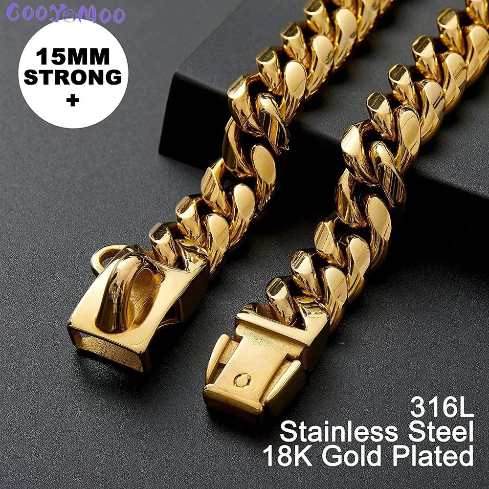 Strong 14MM Cuban Link Chain Stainless Steel Dog Necklace Gold Dog Collar with Safety Buckle Training Collar Dogs Walking Collar