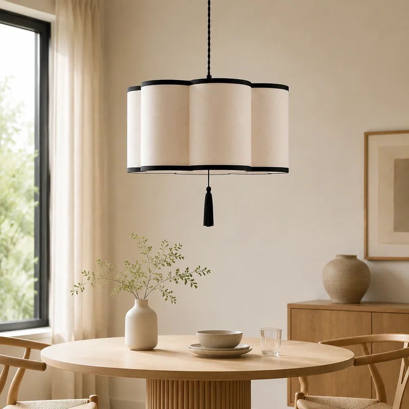 Modern Fabric Scalloped Shade With Black Trim And Tassel For Minimalist Dining Room Bedroom Kitchen