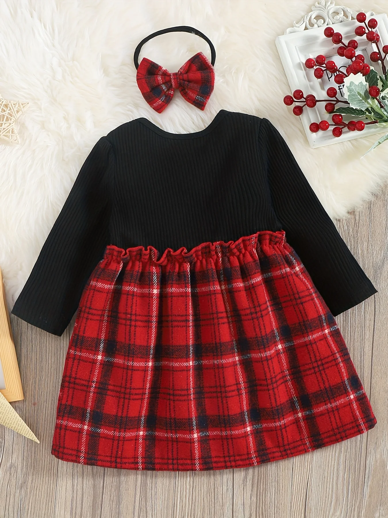 Girls Plaid Dress And Hairband Set Baby Spring Autumn Casual Black Red Gingham Skirt with Elastic Hairband for Toddlers