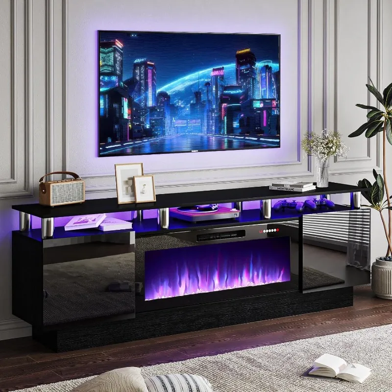 Soporte para TV con chimenea moderna de 70" con chimenea eléctrica de 36" para televisores de hasta 80 pulgadas, centro de entretenimiento con luz LED de lujo con alto