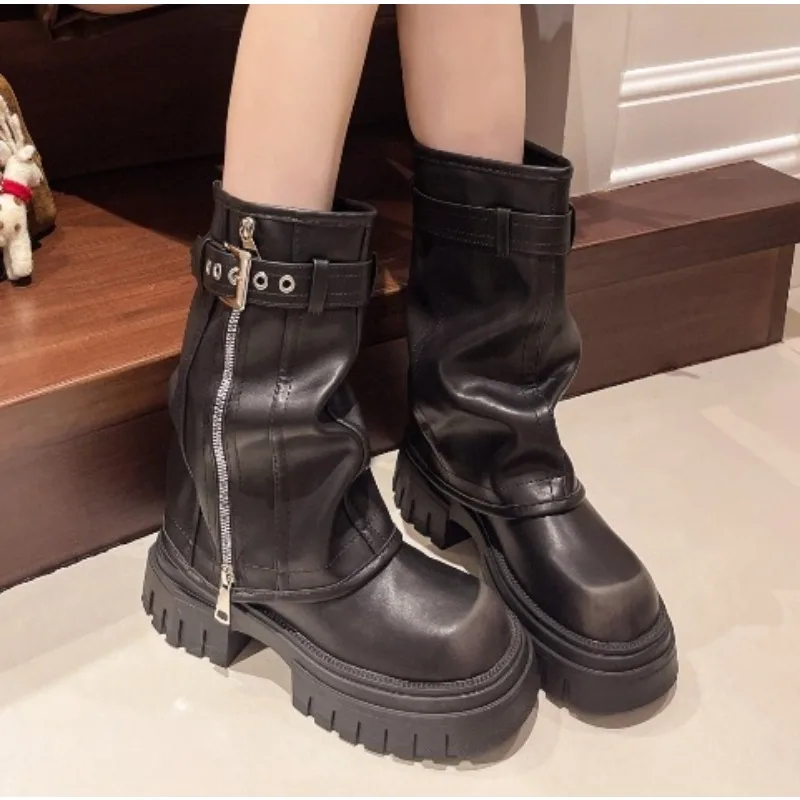 

Winter Women Biker Boots Fashion Belt Buckle Ladies Elegant Platform Long Pipe Booties Casual Women's Knee High Booties