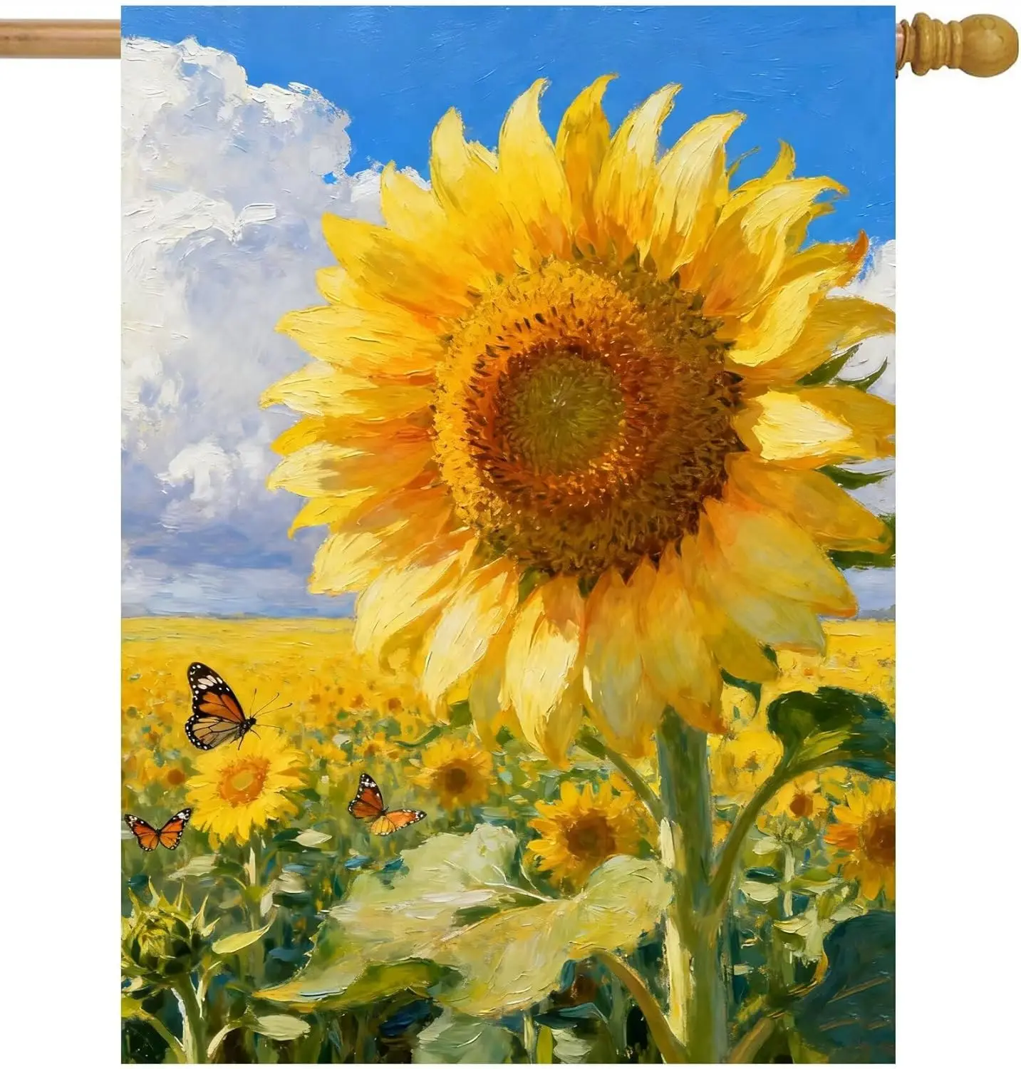 Oil Painting Sunflower Golden-Yellow Petals Field with Butterfly Summer Garden Flag 28 x 40 Inch, Double Sided Outdoor Decor MMZ