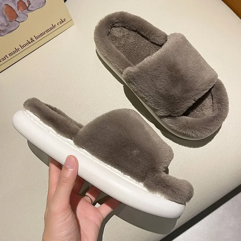 2022 Winter Women\'s Slippers Thick-bottomed Fur Furry Slides for Home Soft Platform Indoor House Warm lady Cotton Shoes