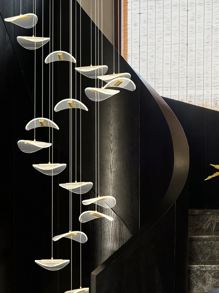 Nordic Style LED Acrylic Staircase Pendent Lamp Villa Lobby Pendant Light Restaurant Pendant Kitchen Chandelier Indoor Lighting