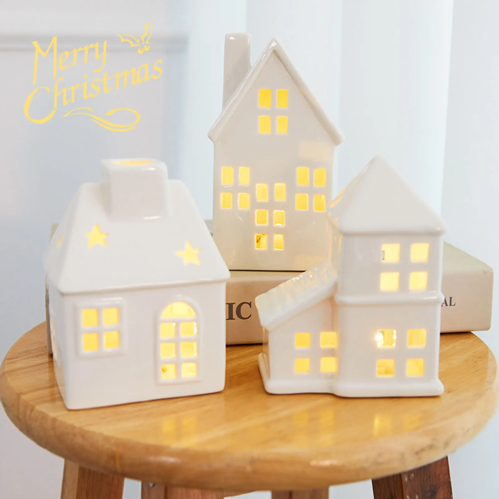 Ceramic Christmas Village House Ornament Xmas Glowing Snow Building Sculpture DIY Micro Landscape Accessories Home Desktop Decor