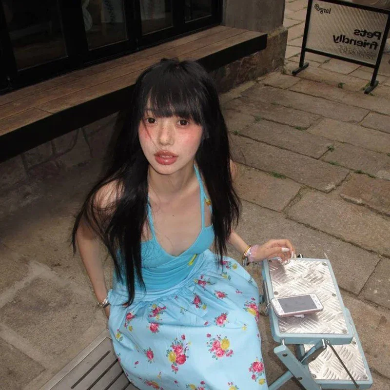 여성용 꽃무늬 프린트 홀터넥 V넥 섹시한 여름 휴가 민소매 캐미솔 탑