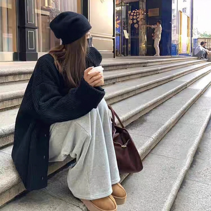 브이넥 싱글 브레스티드 심플 레트로 솔리드 컬러 루즈핏 여성 니트 가디건 가을 겨울 다용도 신상 스웨터 코트