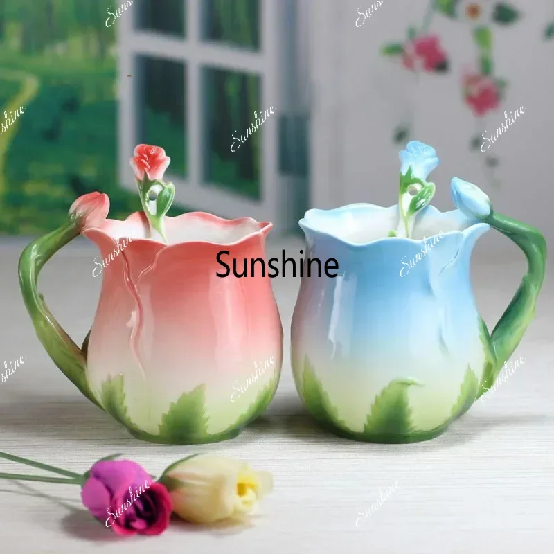 Pink Ceramic Coffee Cup European Bone China Three-dimensional Flower  Home Afternoon Camellia Tea Cup