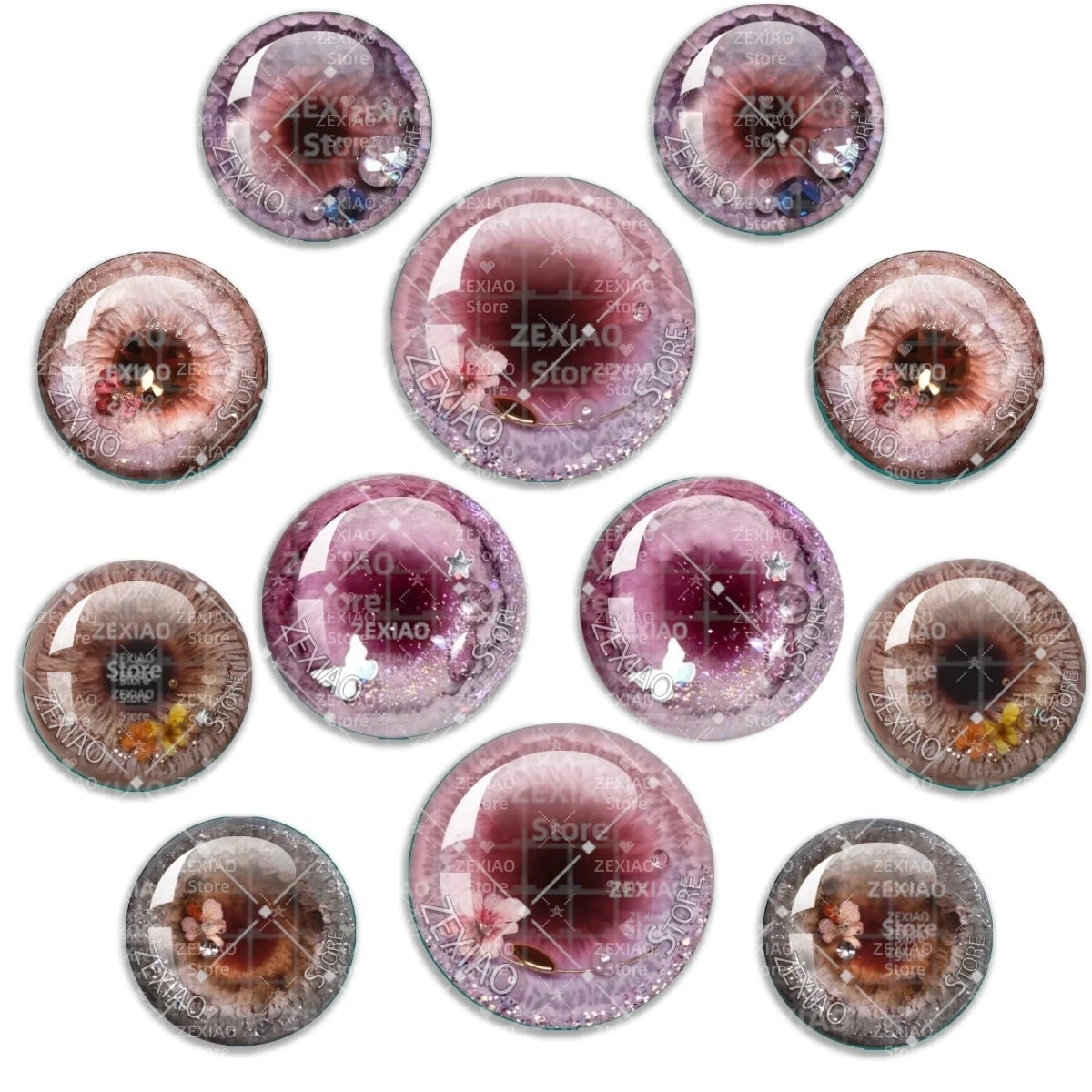 12Pcs Rose Color Series Flowers Pattern Glass Eye Chips 10MM‑40MM Blythe BJD Doll DIY Handmade Jewelry Craft Accessories MS008