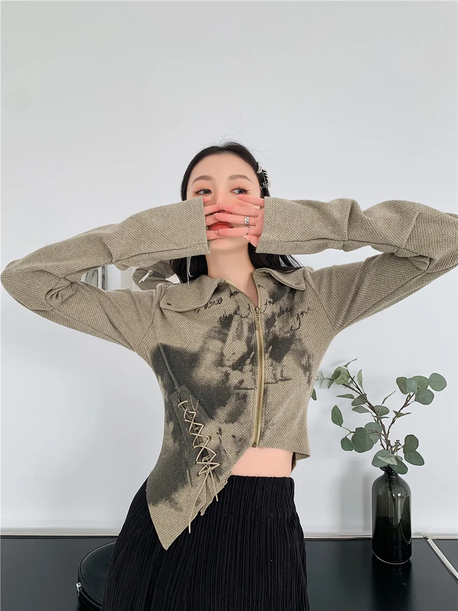 CHEERART Spring 2022 Womens Fashion Cropped Jacket Bandage Asymmetrical Zipper Up High Fashion Designer Coat Clothing