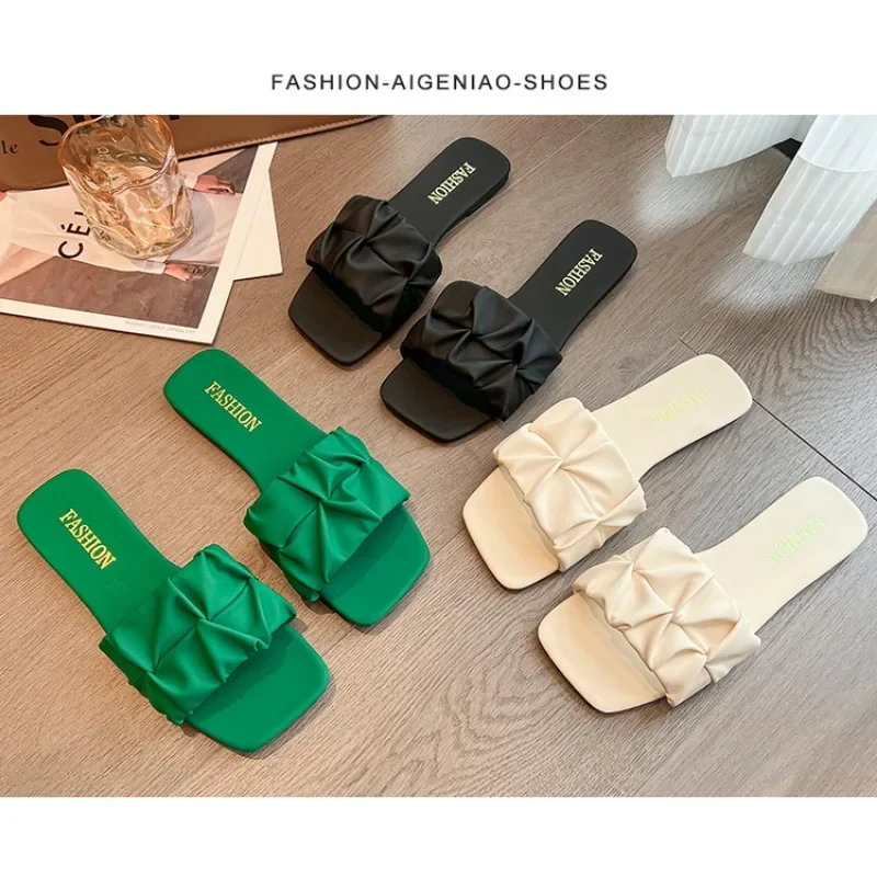 2024 Summer Slippers for Women Flip Flops Flats New Pleated Korean Slippers Women Sandals Green Slip on Shoes Big Size 35-42