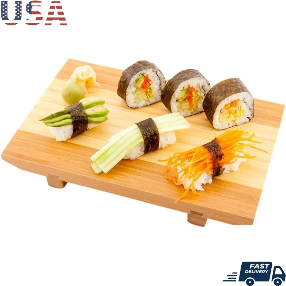 

Sustainable Bamboo Sushi Serving Plate Elevated Appetizer Board Durable Rectangular Tray Hot Cold Food Display