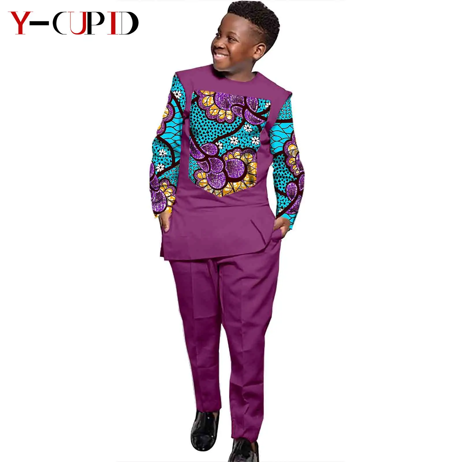 African Clothes for Kids Boys Outfits Bazin Riche Children Print Patchwork Long Sleeve Top and Pants Sets Ankara Suits YS204004