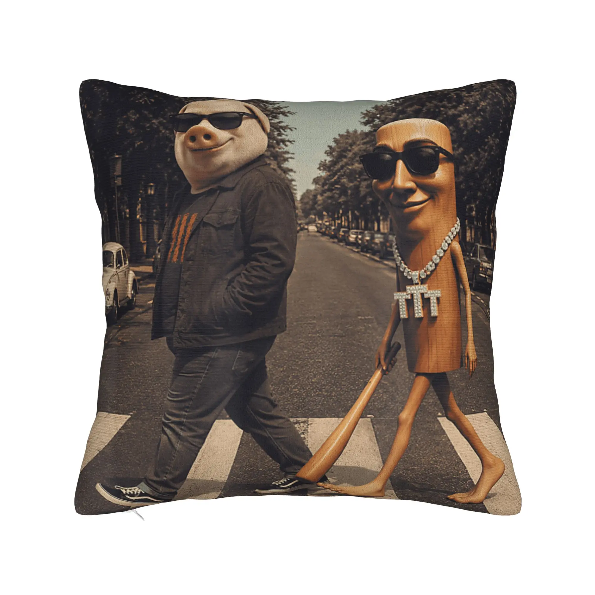 Street Crosswalk Tung Sahur Meme John Pork Funny Dynamic Duo Pillowcases Pillow Case For Living Room Chair Soft Pillow Cover