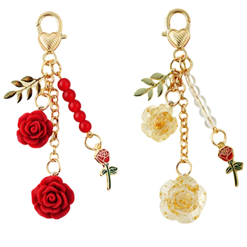 

2025 New Rose Camellia Charm Bag Pendant Flower Keychain Women Sweet Pearl Tassel Flower Leaf Bag Decoration Car Keychain