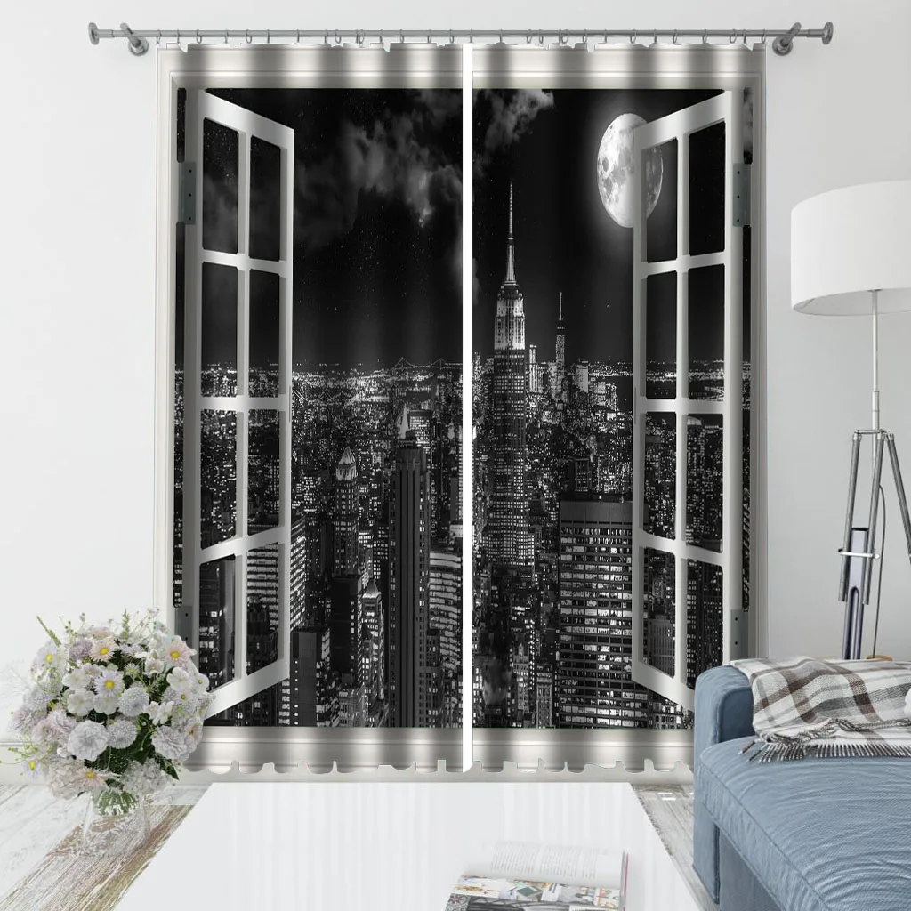 Custom night city curtains 3D Curtain Printing Blockout Polyester 3d stereoscopic curtains