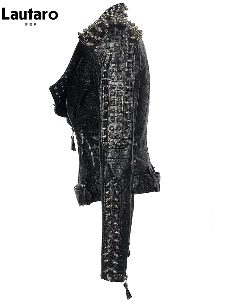 Lautaro Spring Autumn Steampunk Rock Short Black Pu Leather Jacket Women Rive Luxury Designer Emo Clothes Women European Fashion