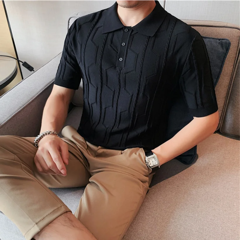 2023 Brand Summer Polo Shirts Men Short Sleeve T-shirt British Knit Polos Casual Stripe Fashion Poloshirts Ice Silk Fabric Tops