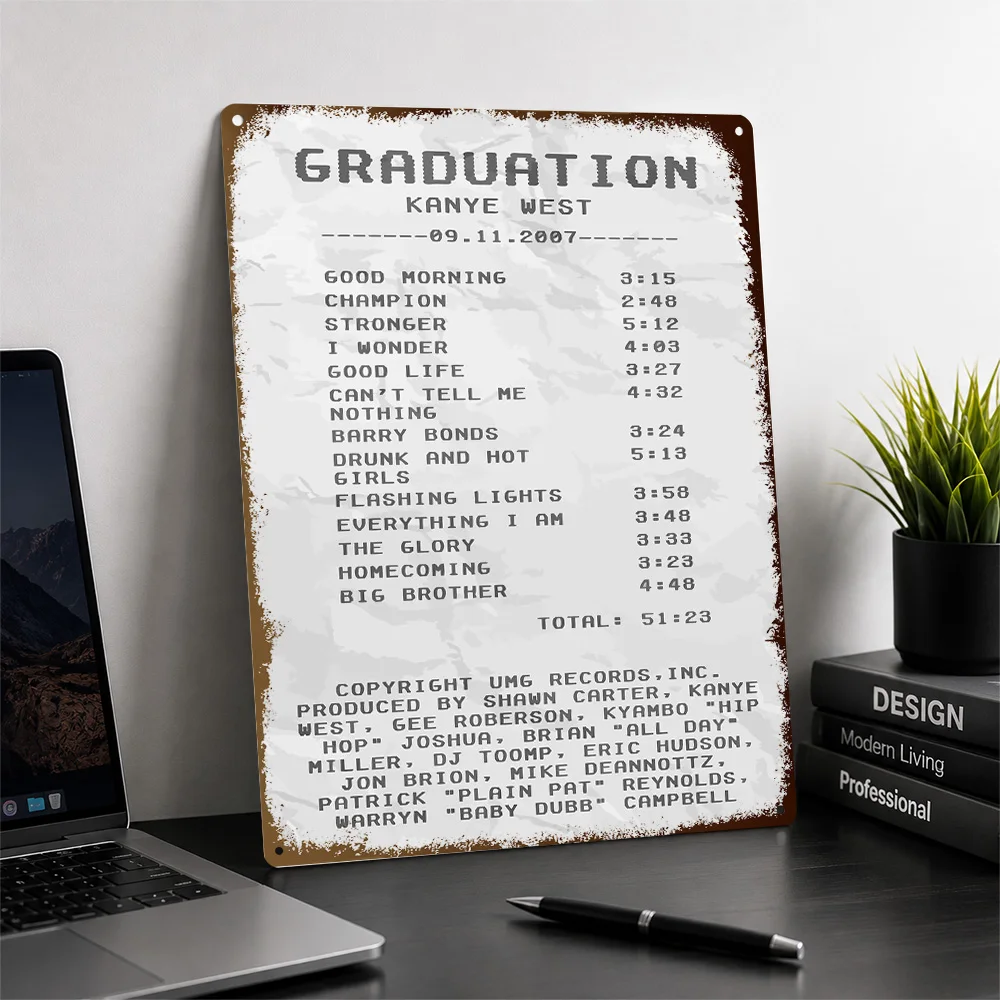 Kanye West Graduation Album Tracklist Printed Poster Personalized Aluminum Metal Sign Urban Tribute Wall Art Made For Rap Fans